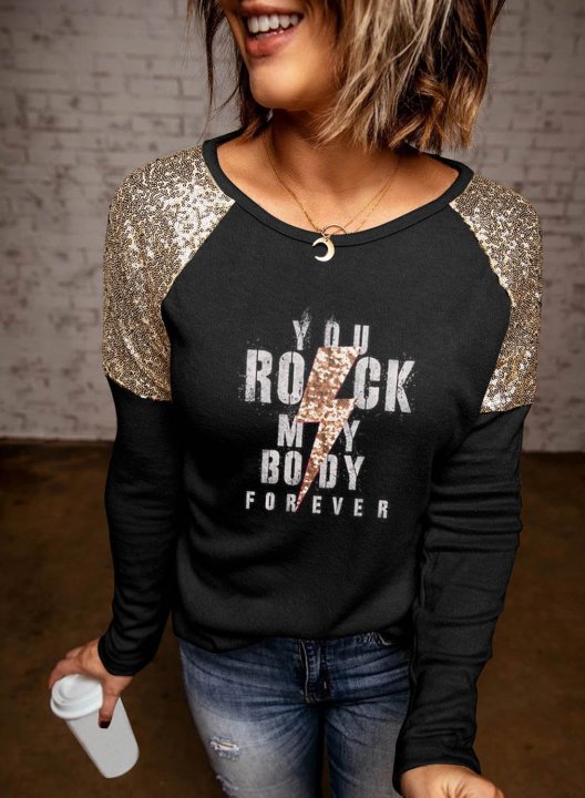 Women's Sweatshirts Letter Sequin Long Sleeve Round Neck Casual Sweatshirt