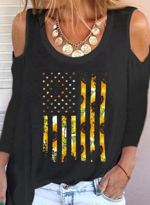 Women's T-shirts Sunflower American Flag Print Short Sleeve Cold Shoulder Daily T-shirt