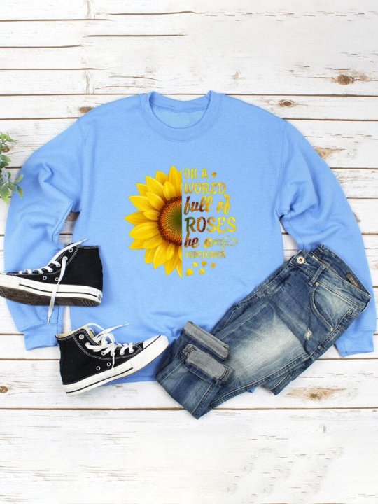 Sunflower Print O-neck Long Sleeves Casual Sweatshirt