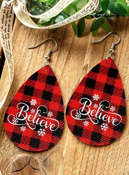 Christmas Buffalo Plaid Snowflake Believe Water Drop Earrings