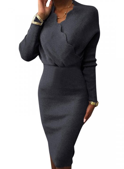 Women's Dress V Neck Long Sleeve High Waist Solid Knitted Bodycon Dress