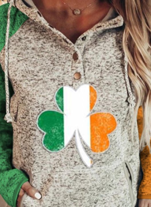 Women's Saint Patrick's Day Hoodies Drawstring Flag Button Long Sleeve Color Block Pocket Hoodies