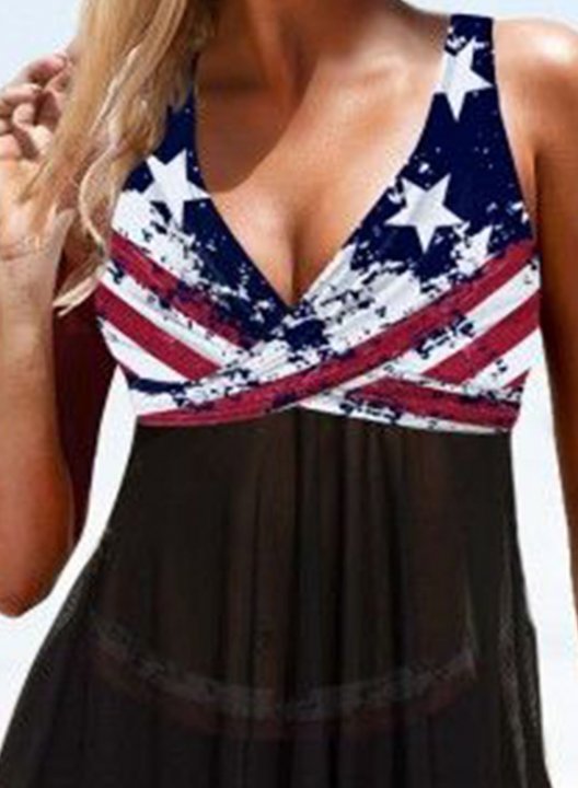 Women's Tankini Set American Flag Padded Mid Waist V Neck Basic Vacation Tankini Set