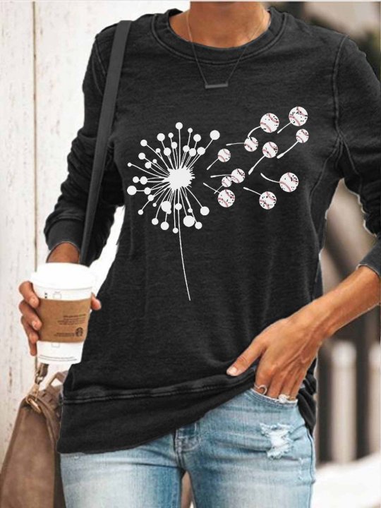 Women's Floral Dandelion Seeds Floral Baseball Paddle Print Long Sleeve Sweatshirt