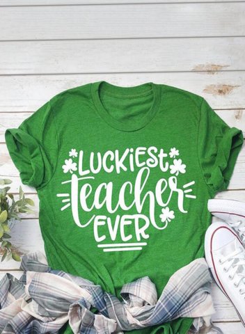Women's St Patrick's Day T-shirts Luckiest Teacher Ever Shamrock Printed Short Sleeve Green Casual Summer T-shirts