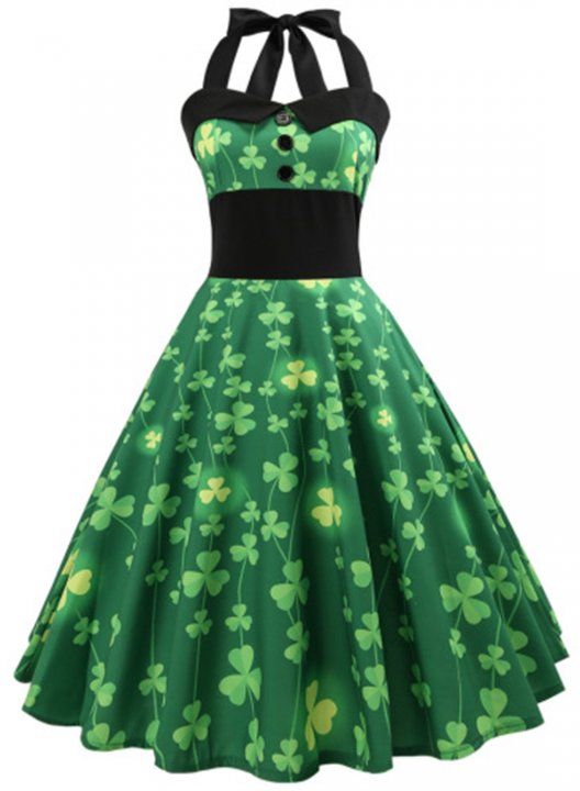 Women's Midi Dresses Shamrocks Print Sleeveless Halter Vintage Button Dress