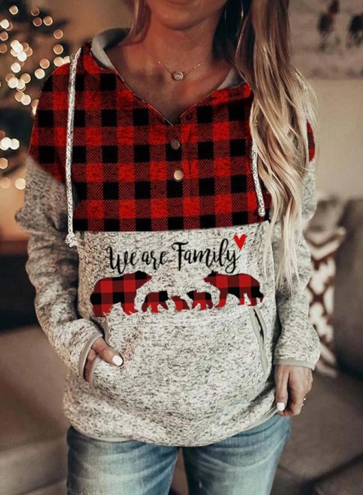 Women's 'we are family'Hoodies Christmas Drawstring Long Sleeve Plaid Hoodies With Pockets