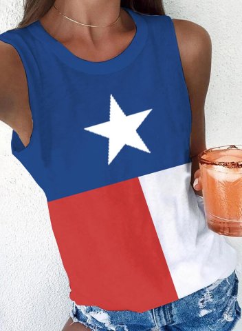 Women's Tank Tops Color Block Flag Round Neck Sleeveless Casual Texas independence day Tank Top