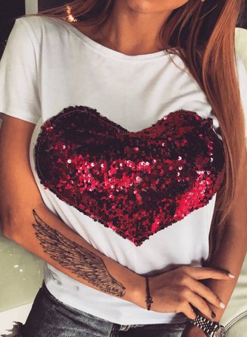 Women's Shirt Color Block Heart Print Sequin Short Sleeve Round Neck Daily T-shirt