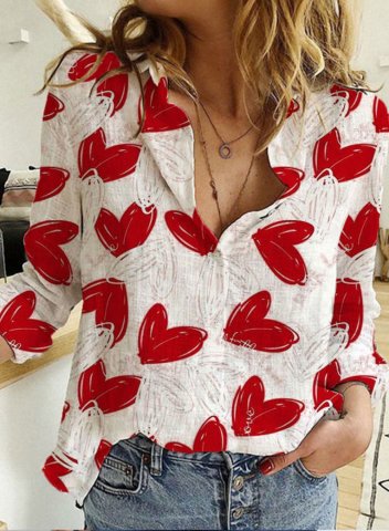 Women's Shirts Heart Print Long Sleeve Turn Down Collar Daily Shirt