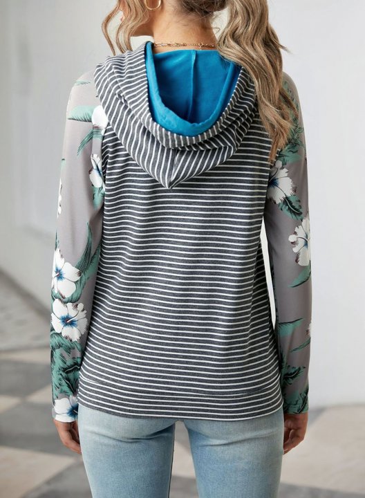 Striped&Floral Long Sleeve Zip Hoodie