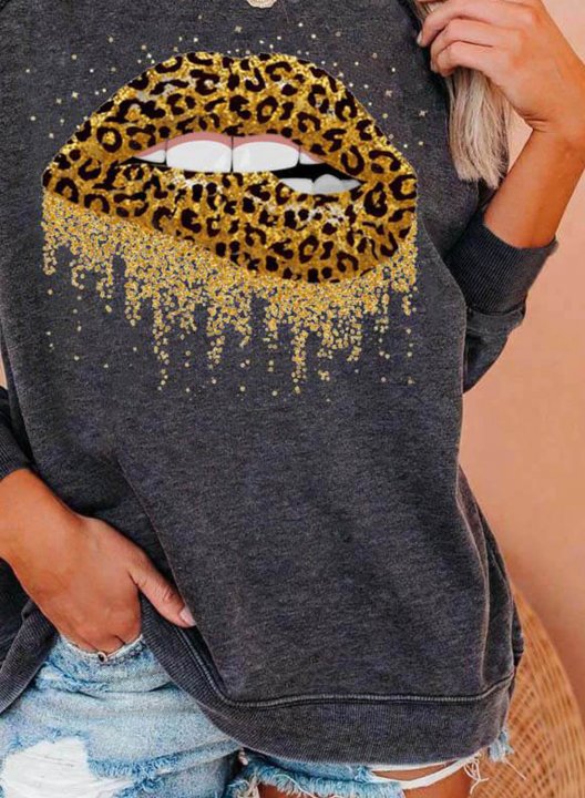 Women's Sweatshirts Leopard Lip Print Sequin Long Sleeve Round Neck Sweatshirt