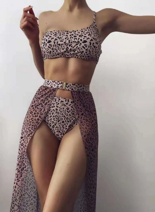 Women's Bikinis Leopard One Shoulder Vacation 3 Piece Bikini Bathing Suits