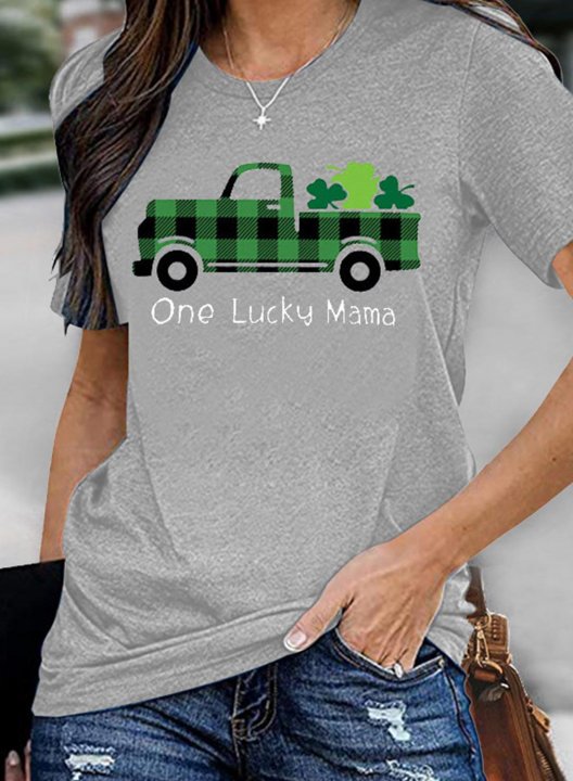 Women's T-shirts Plaid One Lucky Mama St Patrick's Day Short Sleeve Round Neck Casual Mom T-shirt