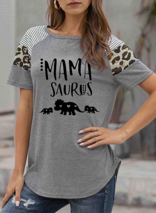 Women's Mama Saurus T-shirts Striped Leopard Letter Short Sleeve Round Neck Daily Casual T-shirt