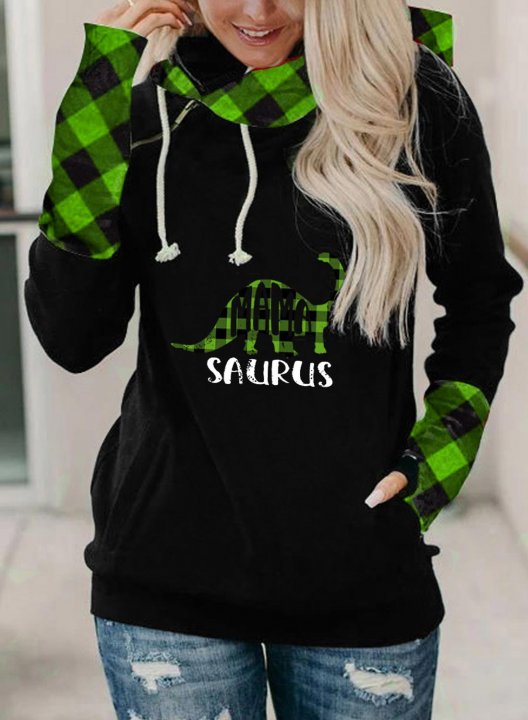 Women's Mamasaurus Hoodies Christmas Drawstring Turtleneck Plaid Hoodies With Pockets