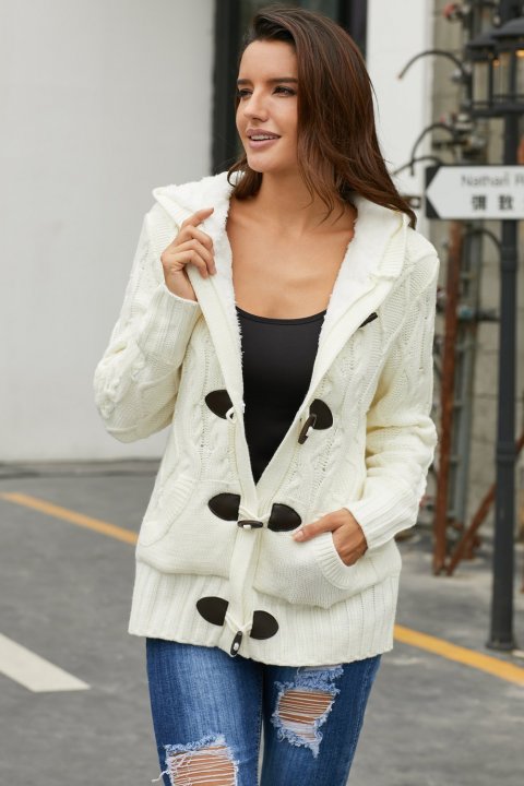 Women's Cardigans Fur Hooded Horn Button Knitted Cardigan