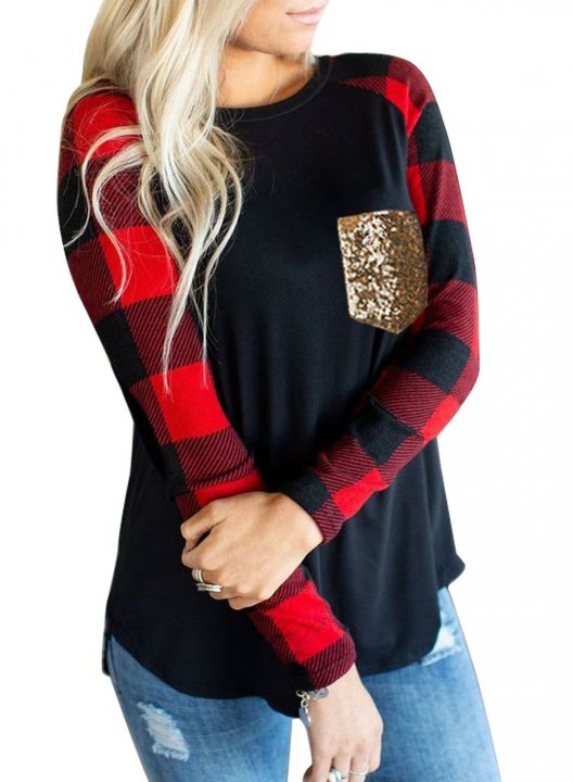 Red Plaid Pocket Sequin Long Sleeve Sweatshirt