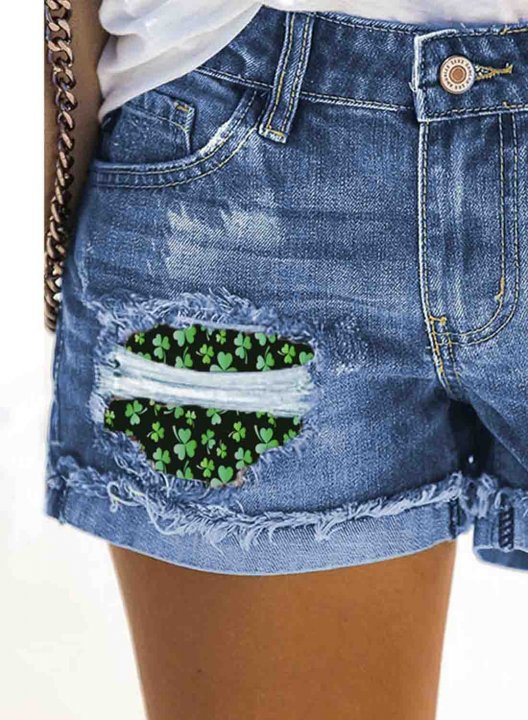 Women's Shorts Straight Fruits Plants Shamrocks Print Mid Waist Daily Ripped Jeans Shorts