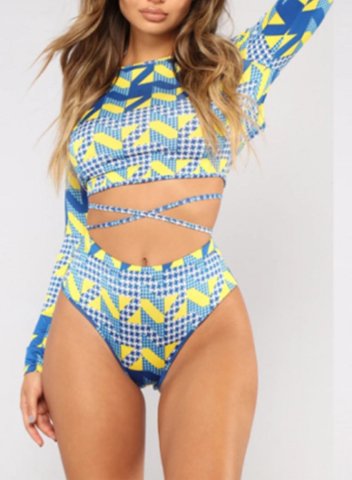 Women's Bikinis Floral Geometric Mid Waist Long Sleeve Crew Neck Padded Adjustable Wire-free Knot Basic Beach Bikini Suit