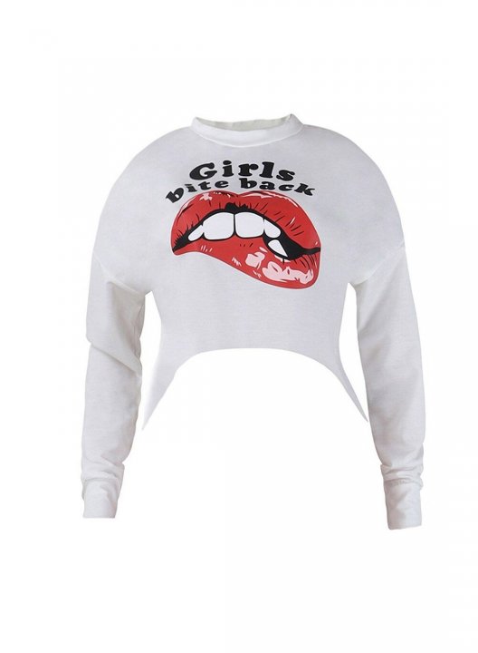 Solid Long Sleeve Crew Neck Letter Lips Print Sweatshirt