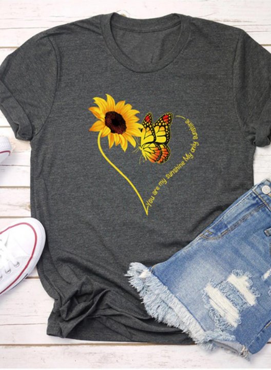 Women's T-shirts Sunflower Butterfly Print Short Sleeve Round Neck Casual T-shirt