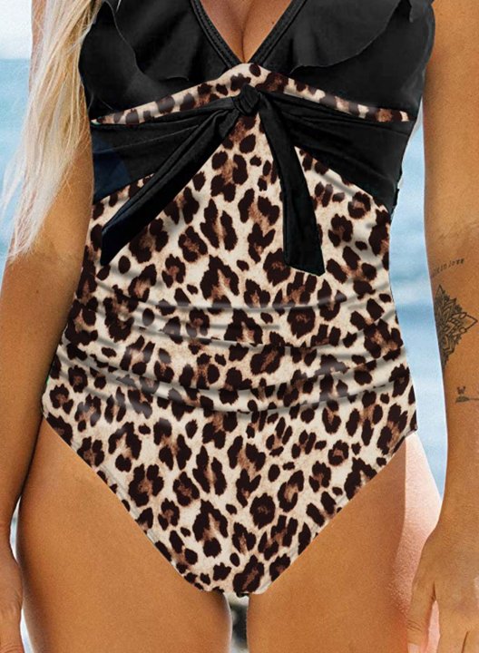 Women's One-Piece Swimsuits One-Piece Bathing Suits Leopard Ruffle V Neck Swimsuits