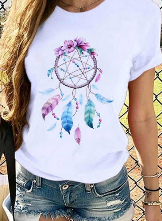 Women's T-shirts Tribal Feather Pattern Short Sleeve Round Neck Daily Boho T-shirt