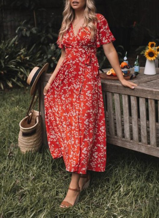 Women's Maxi Dresses Knot A-line Floral Short Sleeve V Neck Daily Casual Maxi Dress