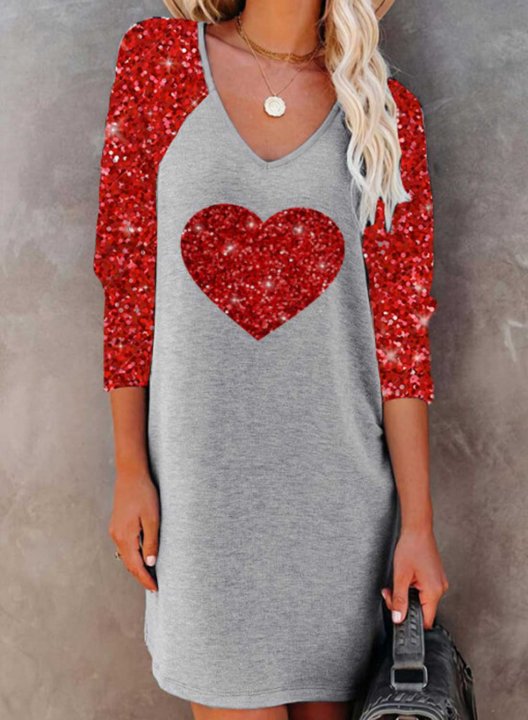 Women's Heart Mini Dresses V Neck Long Sleeve Shift Sequin Color-block Mini Dress