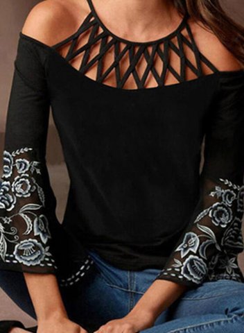 Women's Pullovers Floral Cut-out Cold Shoulder Mesh Pullover