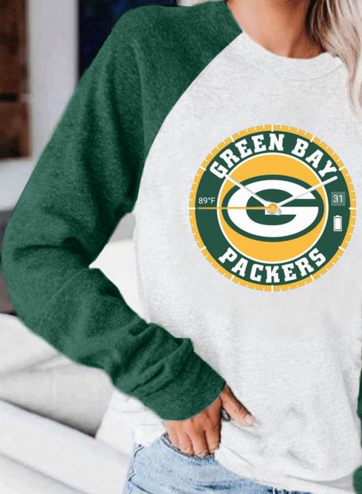 Women's Green Bay Packers Sweatshirt Casual Color Block Letter Round Neck Long Sleeve Daily T-Shirt