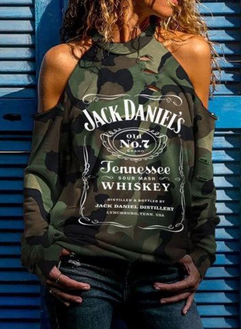 Women's Jack Daniels Graphic Sweatshirt Camouflage Letter Off-shoulder Round Neck Short Sleeve Casual T-shirts