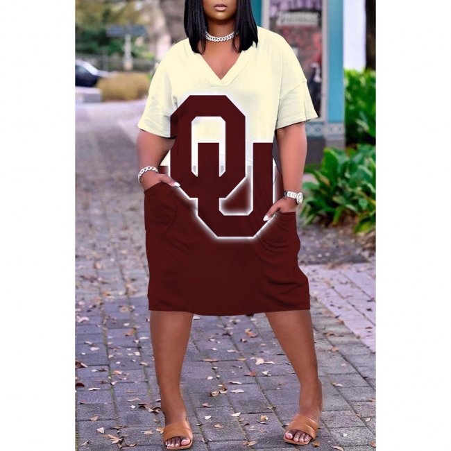 NCAAF Women's Oklahoma Sooners Printed V-neck Casual Pocket Dress