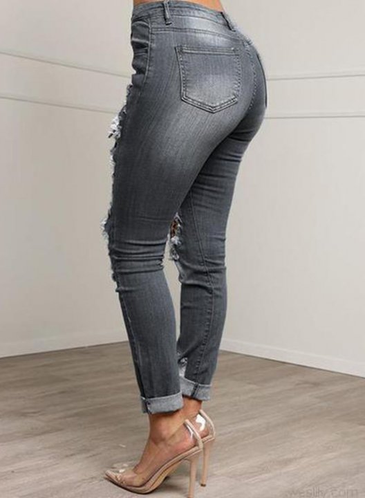 Women's Jeans Mid Waist Slim Leopard Pocket Cut-out Full Length Casual Daily Jeans