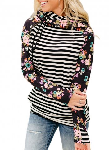 Floral-Print Paneled Striped Pocket Hoodie