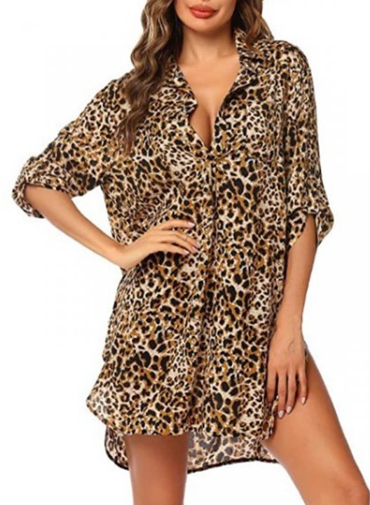 Women's Mini Dress Leopard A-line 3/4 Sleeve Turn Down Collar Summer Daily Casual Beach Mini Dress