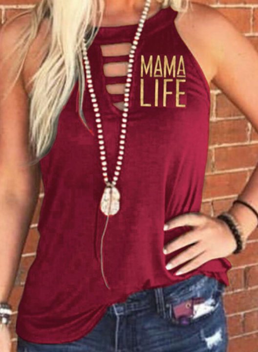 Women's Mama Life Letter Print Tank Tops Sleeveless Round Neck Casual Cut-out T-Shirt Tank