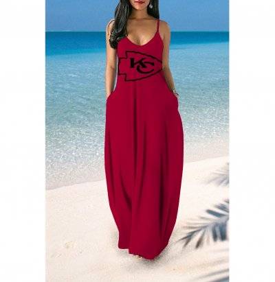 V-neck Kansas City Chiefs Print Sleeveless Sling Long Loose Dress