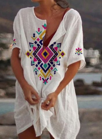 Women's Mini Dress Tribal Color Block Shift Short Sleeve V Neck Vintage Vacation Beach Mini Dress