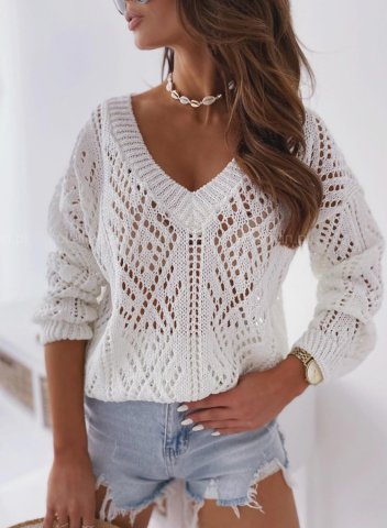 Women's Sweaters Solid Long Sleeve V Neck Cut-out Knitted Hollow Sweater
