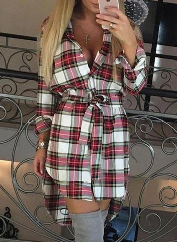 Women's Shirt Dresses Plaid Color Block Long Sleeve Shift Turn Down Collar Casual Belt Mini Dress