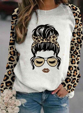 Women's beauty portrait Sweatshirts Leopard Color Block Print Long Sleeve Round Neck Daily Sweatshirt