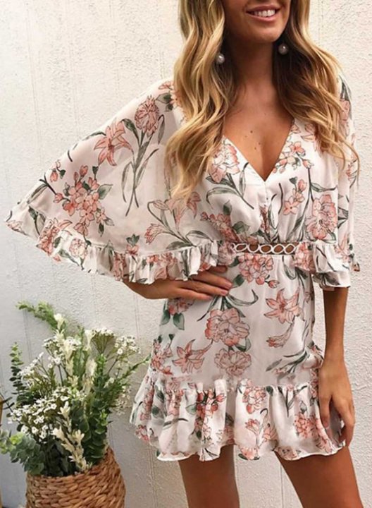 Women's Mini Dresses Fashion Color Block Floral 3/4 Sleeve Bodycon V Neck Ruffle Cut-out Dress