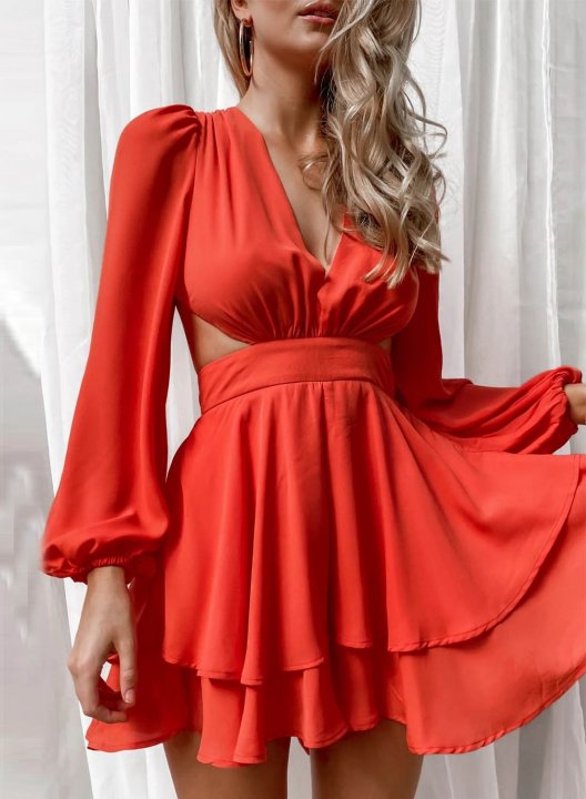 Women's Dress Solid Fit & Flare V Neck Long Sleeve Criss Cross Summer Prom Date Mini Dress