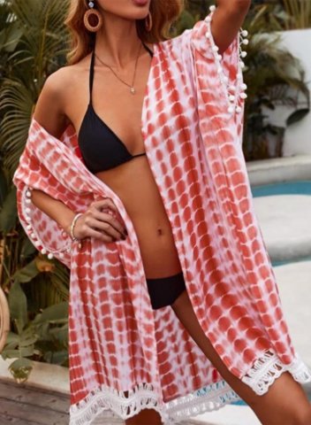 Women's Sun-proof Cover-ups Plaid Turtleneck Half Sleeve Open Front Vacation Boho Beach Casual Cover-ups