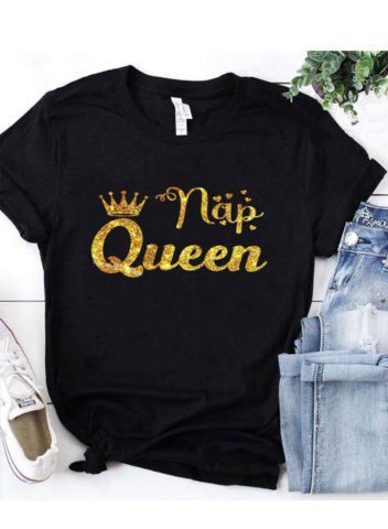 Women's T-shirts Letter Sequin Nap Queen Slogan Short Sleeve Round Neck Daily T-shirt