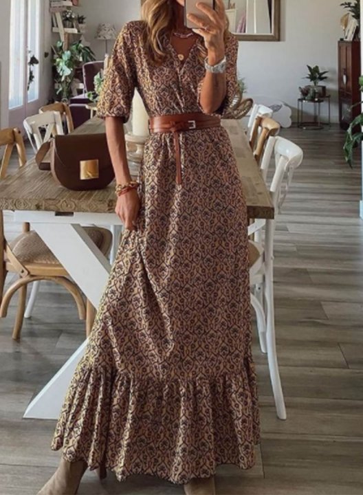 Women's Maxi Dresses Geometric Half Sleeve V Neck Boho Belt Maxi Dress