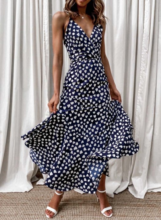 Women's Maxi Dresses Polka Dot Sleeveless V Neck Ruffle Dress