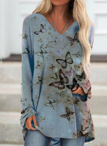 Butterfly Print Long Sleeve V Neck Loose Tunic Sweatshirt